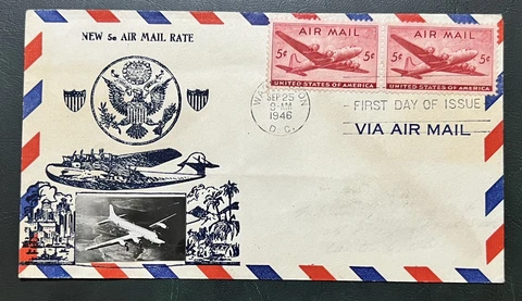 1946 AIRPLANE PHOTO CACHETED NEW 5C AIR MAIL RATE WASHINGTON DC FDC COVER Cover