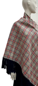 Vintage Hippie 70s Saks Blue Fringe Wool Large Shawl Wrap Red Gray Houndstooth - Picture 1 of 11