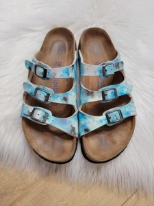 Papillio Birkenstock Florida Birko-Flor Blue Pixel Floral Sandal Size 38 US 7 - Picture 1 of 13