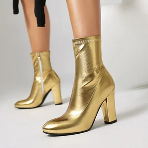 Stivaletti donna argento dorato moda tacco alto punta tonda palco stivali corti - Foto 1 di 19