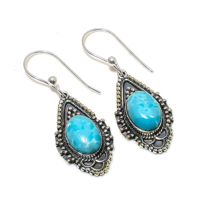 Blue Larimar Gemstone Handmade 925 Sterling Silver Jewelry Earring Size-1.65" - Image 1 of 4