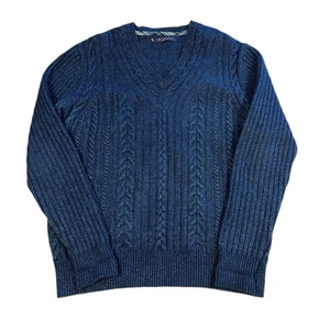 Ben Sherman Cable Knit Lambswool Jumper Sweater Men’s L V Neck Blue - Picture 1 of 9