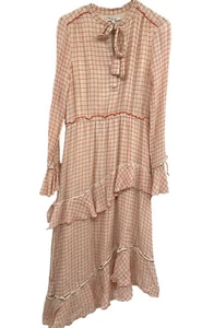Derek Lam 10 Crosby 4 Tiered Windowpane Silk Dress Neck TIe Cream Orange Red - Picture 1 of 15