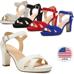 Women Chunky Heel Pump Sandals Ankle Strap Open Toe Wedding Dress Heel Sandals - Picture 1 of 42