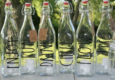 Rae Dunn FLOW SIP ENJOY FUN DRINK CHILL Glass Bail & Trigger Bottle Decanter Rea