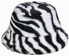 SOFT FAUX FUR FLUFFY LADIES BUCKET HAT ZEBRA PRINT BLACK AND WHITE ONE SIZE