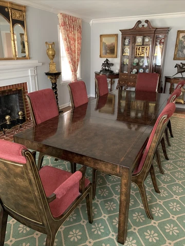 Mastercraft Amboyna Burl & Brass Dining Table & 8 Chairs (EXC.) Cover