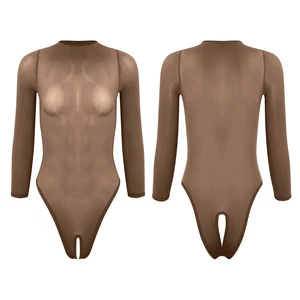 Womens Long Sleeve Glossy Opening Crotch Bodysuit Leotard See Through Jumpsuit - Picture 1 of 63