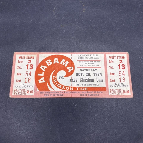 VTCU Ticket Stub Texas Christian University vs Alabama Crimson Tide 1974 B Cover