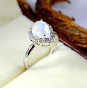 Rainbow Moonstone Ring Pear Halo Stacking Statement Dainty 925 Sterling Silver - Picture 1 of 12