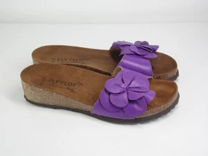 FLY FLOT Sandals Purple Leather Flower Slides Footbed Size UK 5 eU 38 - Picture 1 of 10