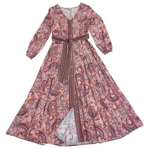 Venus Linen Maxi Dress 6 | Boho Pink Paisley Balloon, Farm Rio Vibe, Cottagecore - Picture 1 of 5