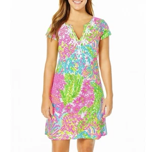 Lilly Pulitzer Brewster Dress More Lovers Coral Pima Cotton Tropical Size L - Picture 1 of 13