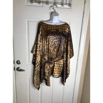 Blusa kimono con cinturón estampado animal satinado lapislázuli para mujer marrón/dorado NUEVA ~ Talla M Foto 1 de 4
