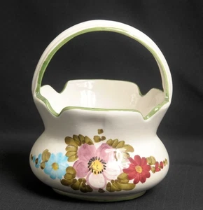 Art Pottery Ceramic Basket Hand Painted Floral Green Border 8 Inch Tall Italy - Picture 1 of 5