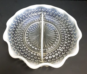Vtng Anchor Hocking Moonstone Hobnail Opalescent  Divided Dish 7 3/4" Scalloped  - Picture 1 of 5