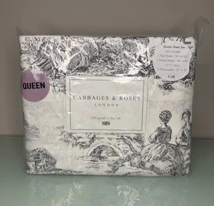 Cabbages & Roses COUNTRY TOILE Queen Size Cotton Sheet Set - Charcoal NEW - Picture 1 of 7