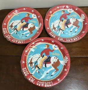 Vintage Hallmark Happy Birthday Ride Em Cowboy Horse Party Plates NEW NOS - Picture 1 of 4