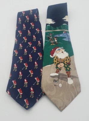Christmas Neck Ties Lot of 2 Golfing Santa Dillards Silk - Image 1 of 4