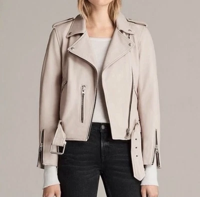 Chaqueta de Motociclista AllSaints Balfern Cuero Rosa Polvo Talla 4 Nueva Con Etiquetas Foto 1 de 4