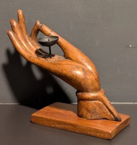 PORTACANDELE GESTO A MANO IN LEGNO FATTO A MANO Buddista Mudra Tibetano - Alto 8" - Foto 1 di 16