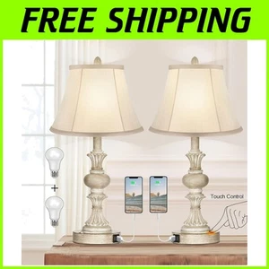 Energy-Efficient USB Charging Table Lamp Set - Rustic White with Touch Control - Picture 1 of 10