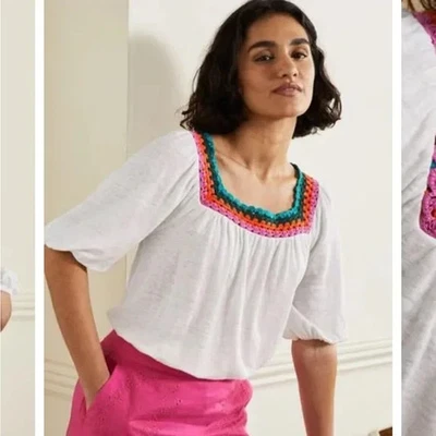 Boden White Crochet Trim Puff Sleeve Linen  Top Blouse Sz US 12 Blouse Boho - Image 1 of 4