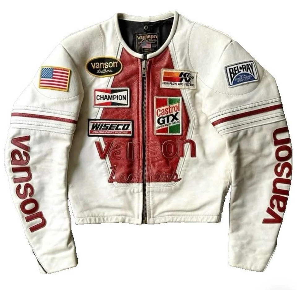 Chaqueta de Carreras Vanson Cuero Blanco Rojo Castrol Champion Parche Motociclista Moto Jack Foto 1 de 3