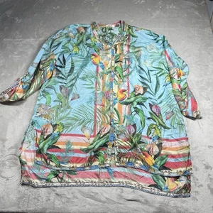 Johnny Was Size Large Floral Silk Blouse Top Tropical Button Down Birds Animals - Picture 1 of 4