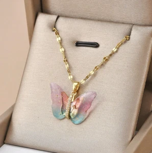 Womens Necklace Multicolor Butterfly Pendant Gold Plated Stainless Steel Jewelry - Picture 1 of 3