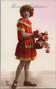 Victorian Style Happy Birthday Girl with a Basket of Flowers Vintage RPPC B135 - Picture 1 of 2