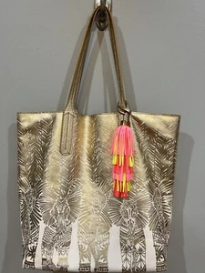LILLY Pulitzer Shopper Tote Metallic Gold Elephant Print Cork Lining W/Tassel - Picture 1 of 7