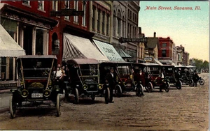 SAVANNA ILLINOIS HAUPTSTRASSENAUTOS & GESCHÄFTE ALTE POSTKARTE ANSICHT - Bild 1 von 2