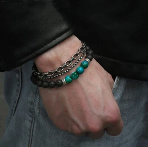 Set de pulseras unisex de piedra volcánica piedra Crisocola y acero inoxidable - Imagen 1 de 2
