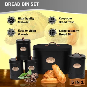 5pc Kitchen Set Bread Bin Tea Coffee Sugar Tins Biscuit Barrel Sealed Containers - Picture 1 of 7