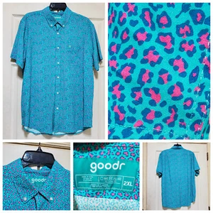 Goodr Shirt Mens 2XL Aqua Blue Pink Patterned AOP Hawaiian Button Stretch Beach - Picture 1 of 14