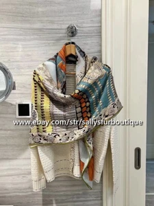 Sallys Boutique 70% Cashmere 30% Silk Wrap Scarf Samurai Print Square Shawl 53" - Picture 1 of 32