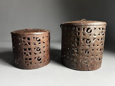 Vintage Rustic Metal Iron Hanging Candle Holder Lanterns 7x7, 6x6 - Set of 2 - Image 1 of 4