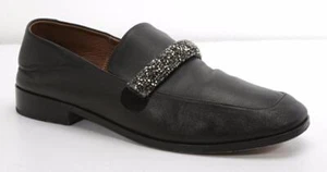 NEWBARK Womens Black Leather Grey-Crystal Rhinestone Slip-On Loafers Flats 8.5 - Picture 1 of 6