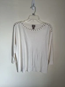 Chico's Women 2 (L) 3/4 SL Thin Pullover Sweater W/Studded Neck & Shoulders NWOT - Picture 1 of 11