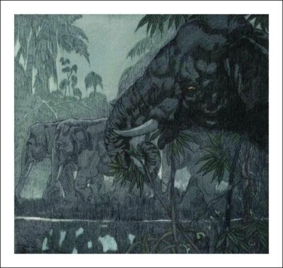 Elephants Maurice De Becque Art Print 1930 Jungle Scene Exotic Wildlife Illustr. - Image 1 of 2