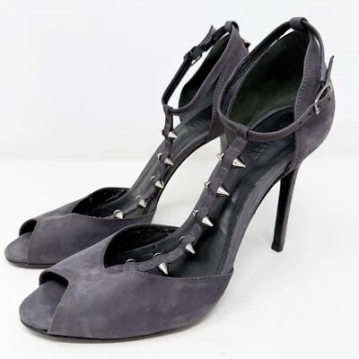 Zapatos de tacón de aguja Schutz gris gamuza cuero tachonado BENTEN Peep Toe talla 9,5B Foto 1 de 4