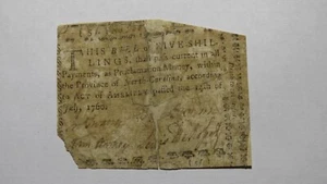 1760 Five Shillings North Carolina NC Colonial Currency Note Bill! 5s! RARE! - Picture 1 of 2
