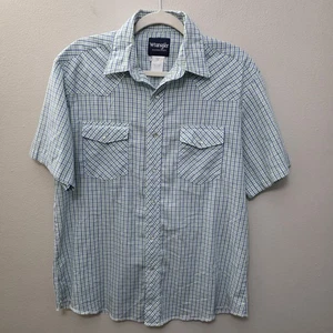 Wrangler Pearl Snap Shirt Large Blue Green Plaid Western Vintage Short Sleeve - Picture 1 of 12