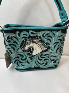Montana West Black/ Teal Cross Body Strap Bag Purse Silver Horse and Studs - Picture 1 of 16