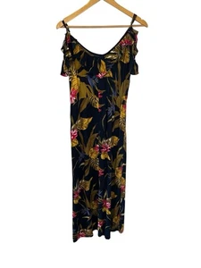 Navy Tropical Print Ruffle Off Shoulder Long Maxi Dress M - Picture 1 of 9