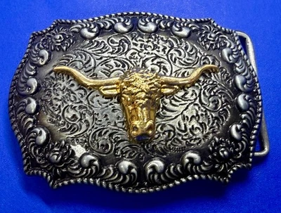 Texas Longhorn Vaca Bull Head Steer Ornamentado Dos Tonos Western Vaquero Cinturón Hebilla Foto 1 de 4