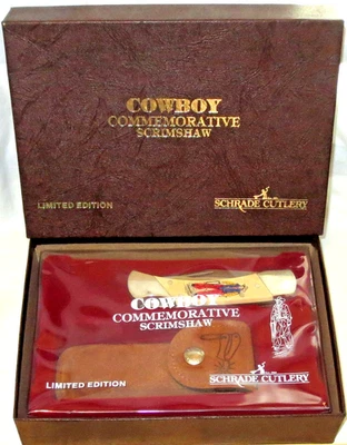 1980-е Schrade ковбой памятный Scrimshaw нож и ножны комплект новый в коробке #5059 винтажный - Изображение 1 из 4
