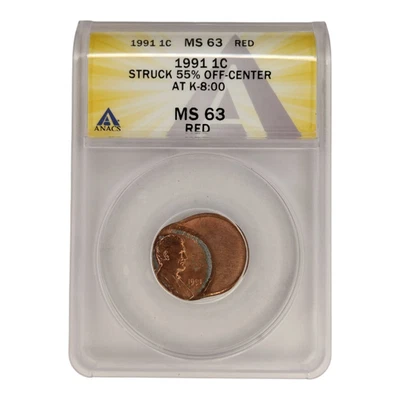 1991 1c Lincoln Cent Struck 55% Off-Center ANACS MS63 Red 14B30 - Image 1 of 4