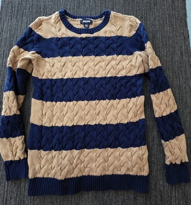 Suéter a Rayas Cuello Redondo Talla Mediana Alto Lands' End Grueso Azul Tostado Otoño Escuela Foto 1 de 4